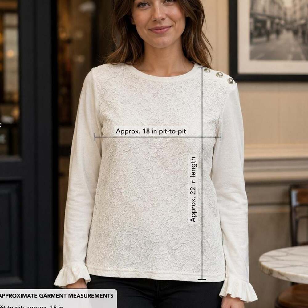 Karl Lagerfeld Paris Ivory Lace Ruffle Cuff Shoulder Button Sweater